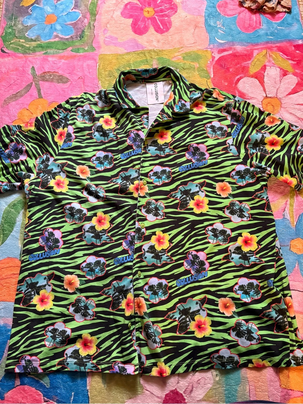 Collusion Hawaiian Zebra Print Heavyweight Shirt XL/XXL - Neon Y2K Streetwear